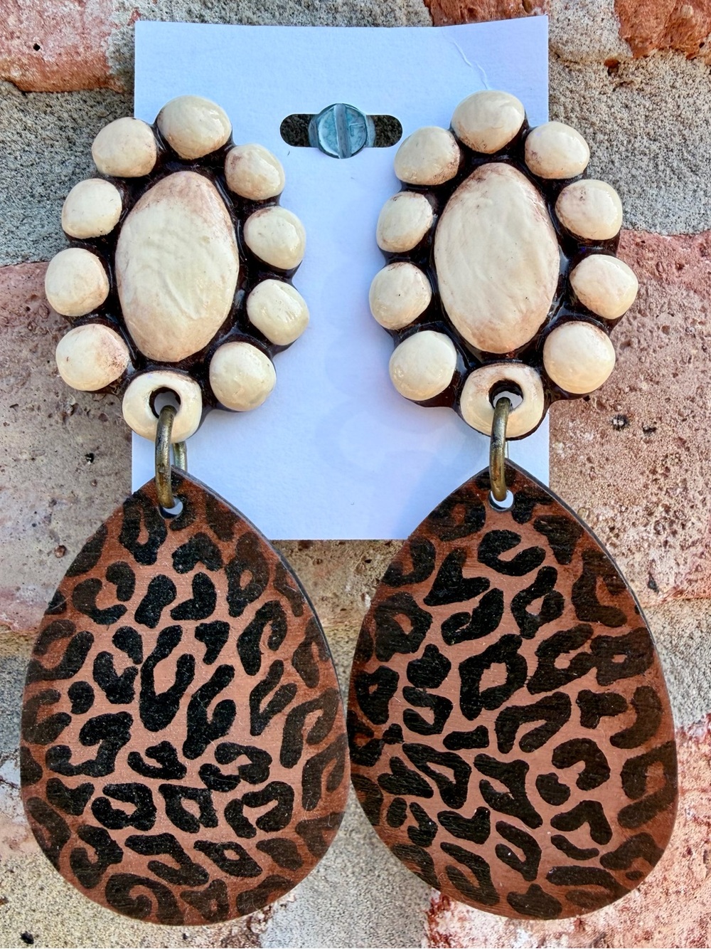 Sookie Sookie Leopard-Print Teardrop Drop Earrings in Cream and Brown